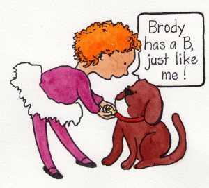 Child seeing letter on dog's collar