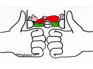 two hands making letter b, d with a bed spelled out between the thumbs.