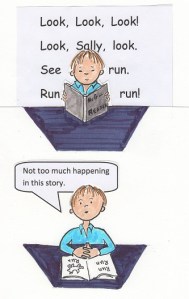 2 Children reading books.  One is shown using a past reading technique and the other is using a more modern approach.