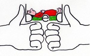 Two fists with thumbs up and knuckles touching make letter "b" and "d" with a BeD visualized between the two thumbs.