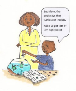 Boy telling mother information from a book about turtles