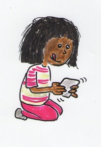 Kneeling young girl is playing a portable video game.