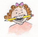 young girl with pencil in mouth