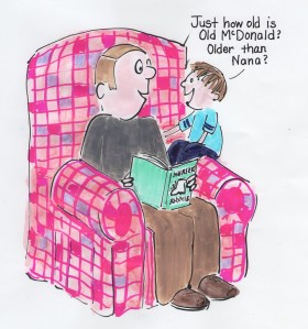 Father reading to child and child asks, 'How old is Old McDonald?"