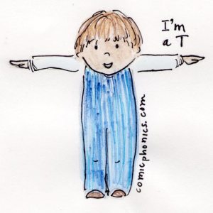 Child with arms stretched out at his sides, forming the letter T.