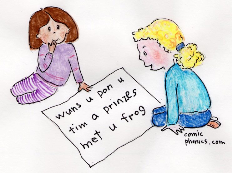 Girl reading "inventive" writing of younger sister.