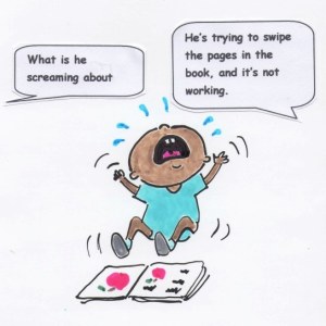 Angry child thinking a book is a tablet app.