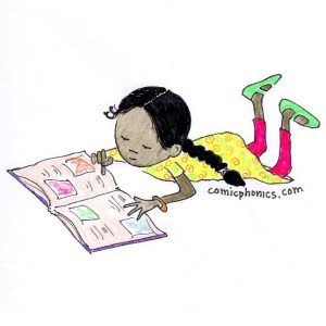 Indian girl on the floor reading a book.