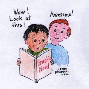 Two boys reading a book entitled "Graphic Novel."
