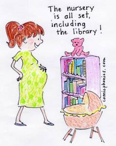 Home library of children's illustrated books  being admired by soon-to-be mom.