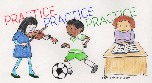 Three students practicing different activities--reading being one.