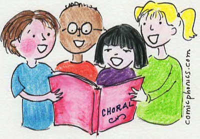 group of students reading together from a single book