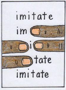 fingers covering parts of word, then revealing them