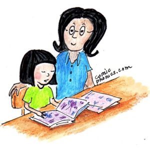 child with adult helping to read