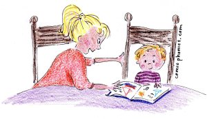 mother works with child reading story book