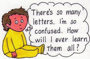 child musing about confusion over so many letters